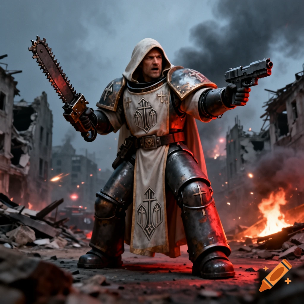 A heavily armored Warhammer 40k Redemptionist priest wields a chainsword and a pistol in a destroyed city engulfed in fire.