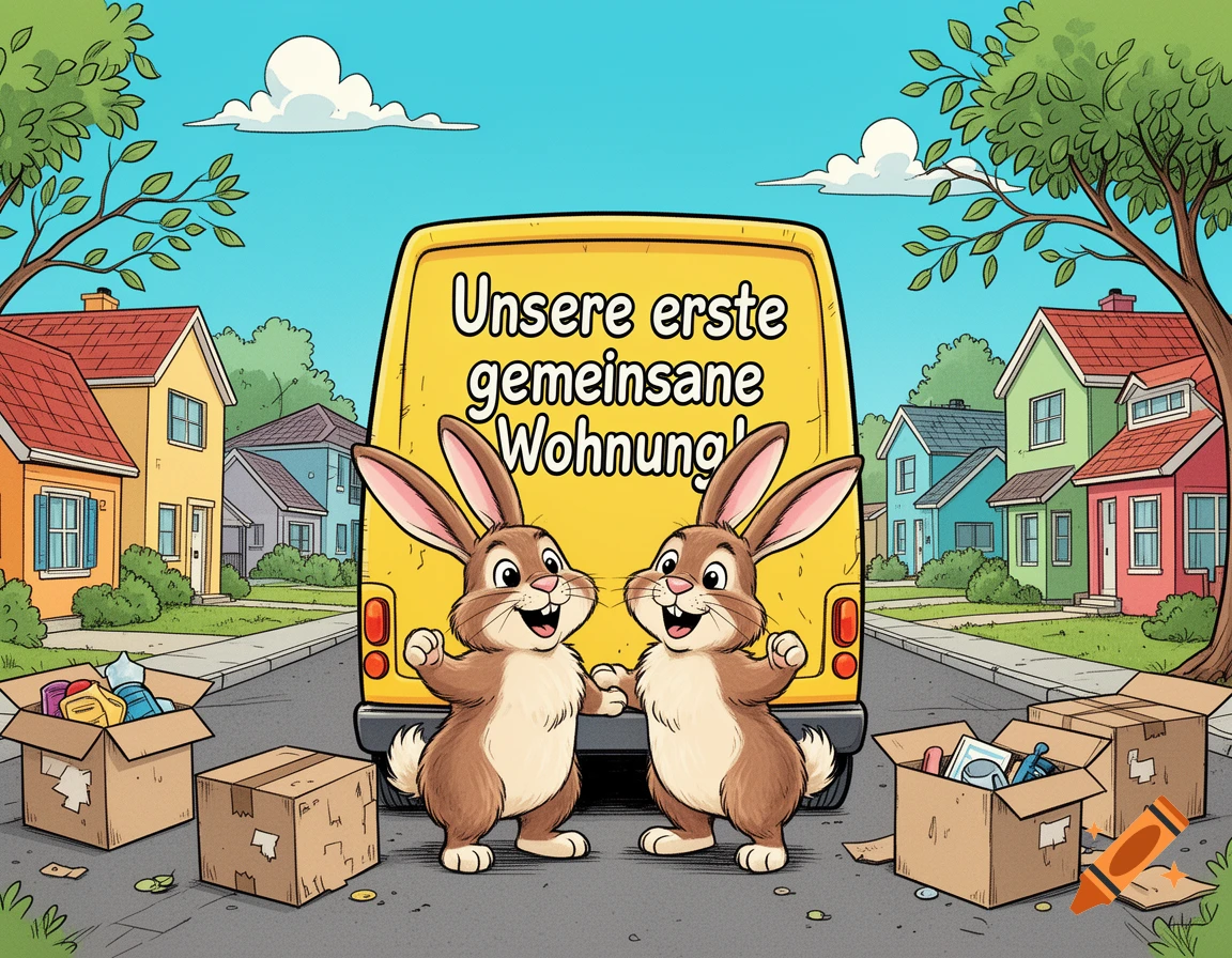Two happy cartoon rabbits stand in front of a yellow moving truck and boxes in a neighborhood. The truck has German text, 'Unsere erste gemeinsame Wohnung!' (Our first shared apartment!).