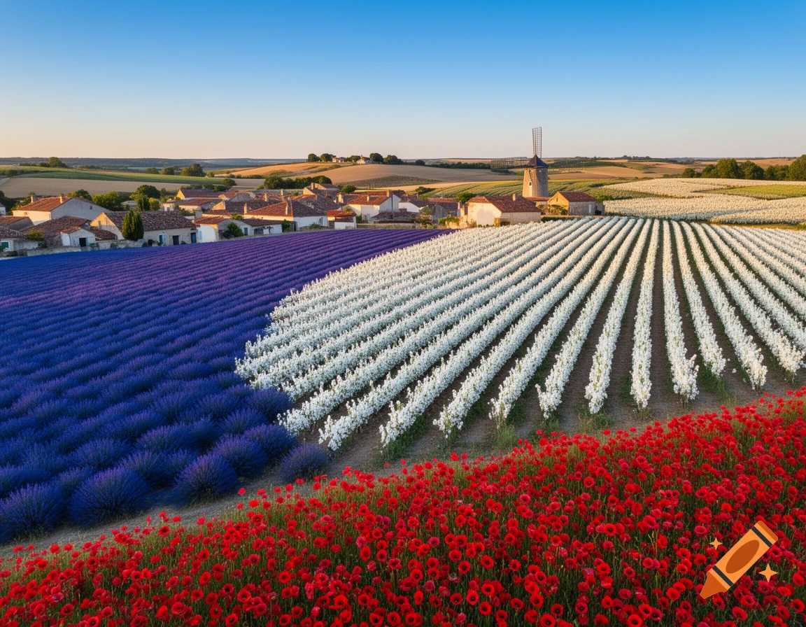 Vibrant fields of purple lavender, white flowers, and red poppies resembling the French flag, with a village and windmill in the background.