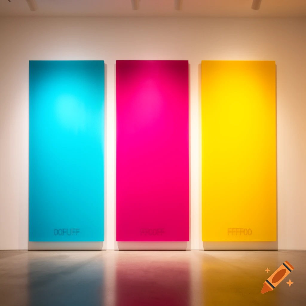 Three illuminated rectangular panels in an art gallery, colored cyan, magenta, and yellow, each with incorrect hex codes subtly embossed at the bottom.