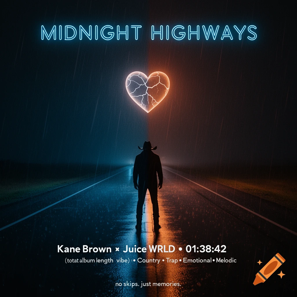 A lone cowboy-hatted figure stands on a rainy, neon-lit road under a glowing, cracked heart, resembling an album cover.