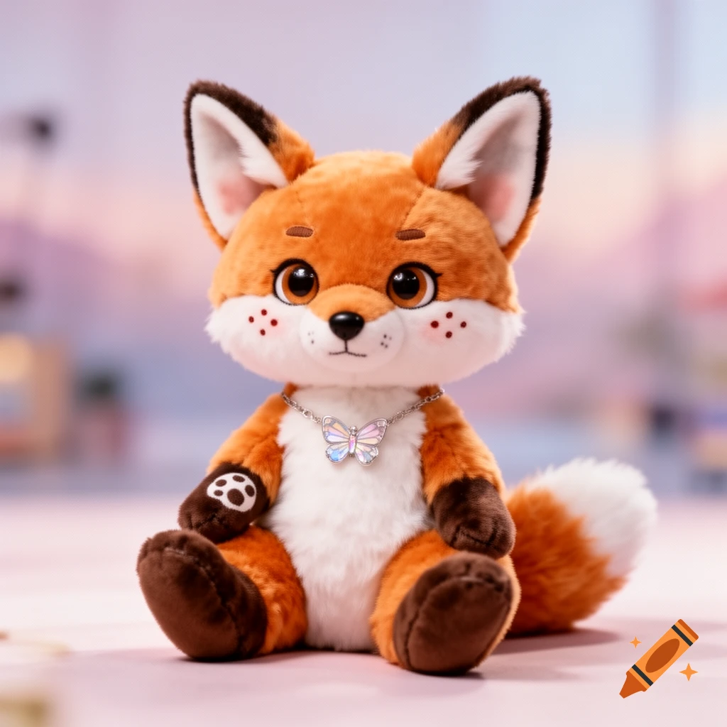 A cute, orange and white plushie fox with a sparkly butterfly necklace sits against a soft, blurred background.