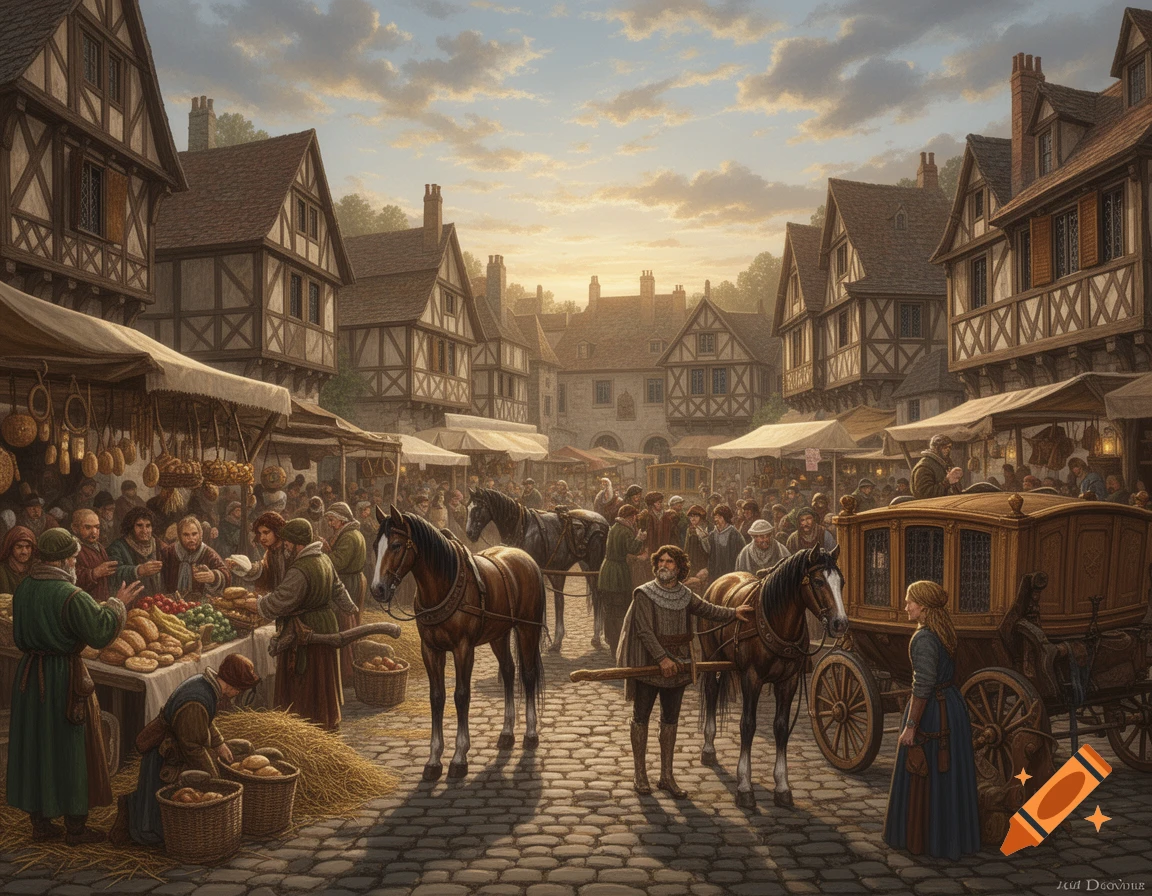A detailed digital painting of a bustling medieval market scene with people, horses, carriages, and stalls along a cobblestone street at sunset.