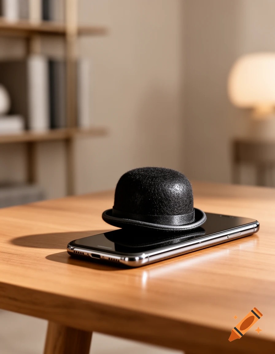 A small black bowler hat rests on a black smartphone on a wooden table, with blurred bookshelves and a lamp in the background. Photorealistic style.