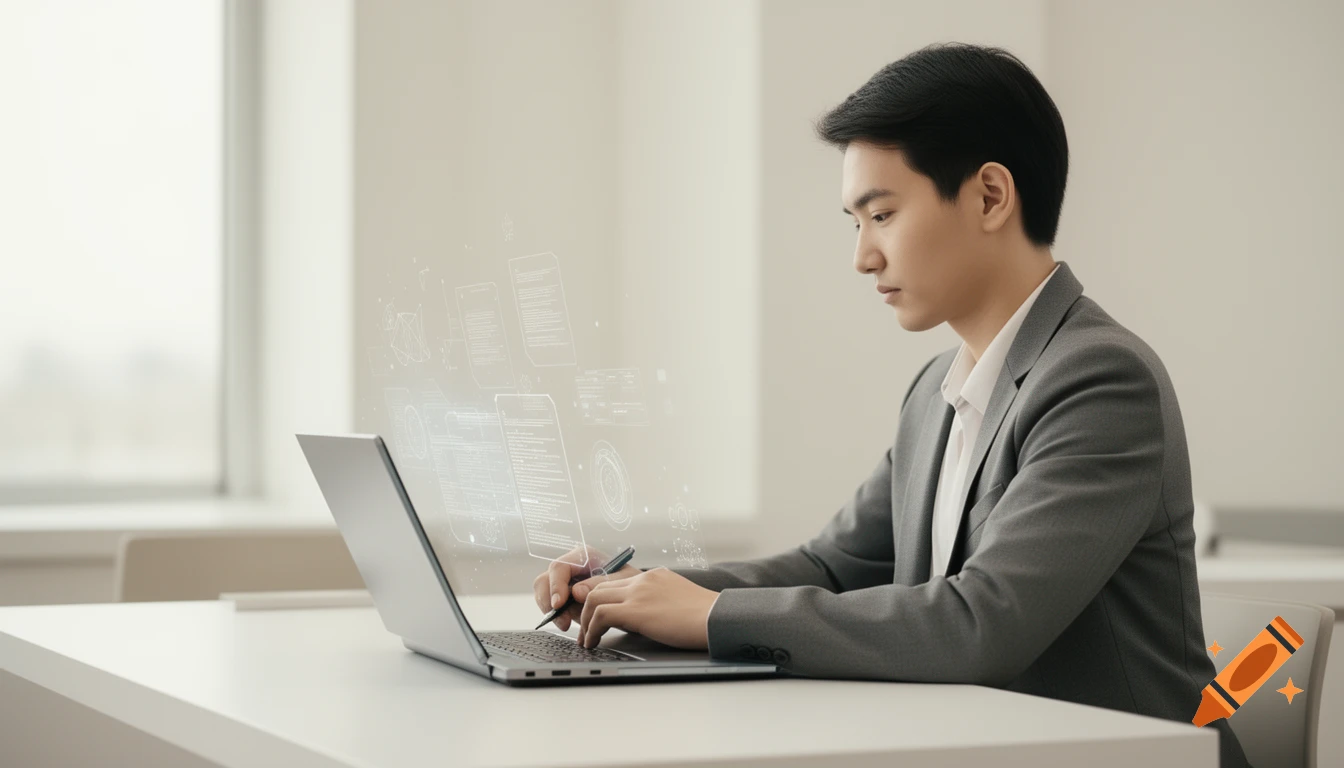 A man in a suit uses a laptop with holographic data display in a bright office, suggesting AI-assisted work.