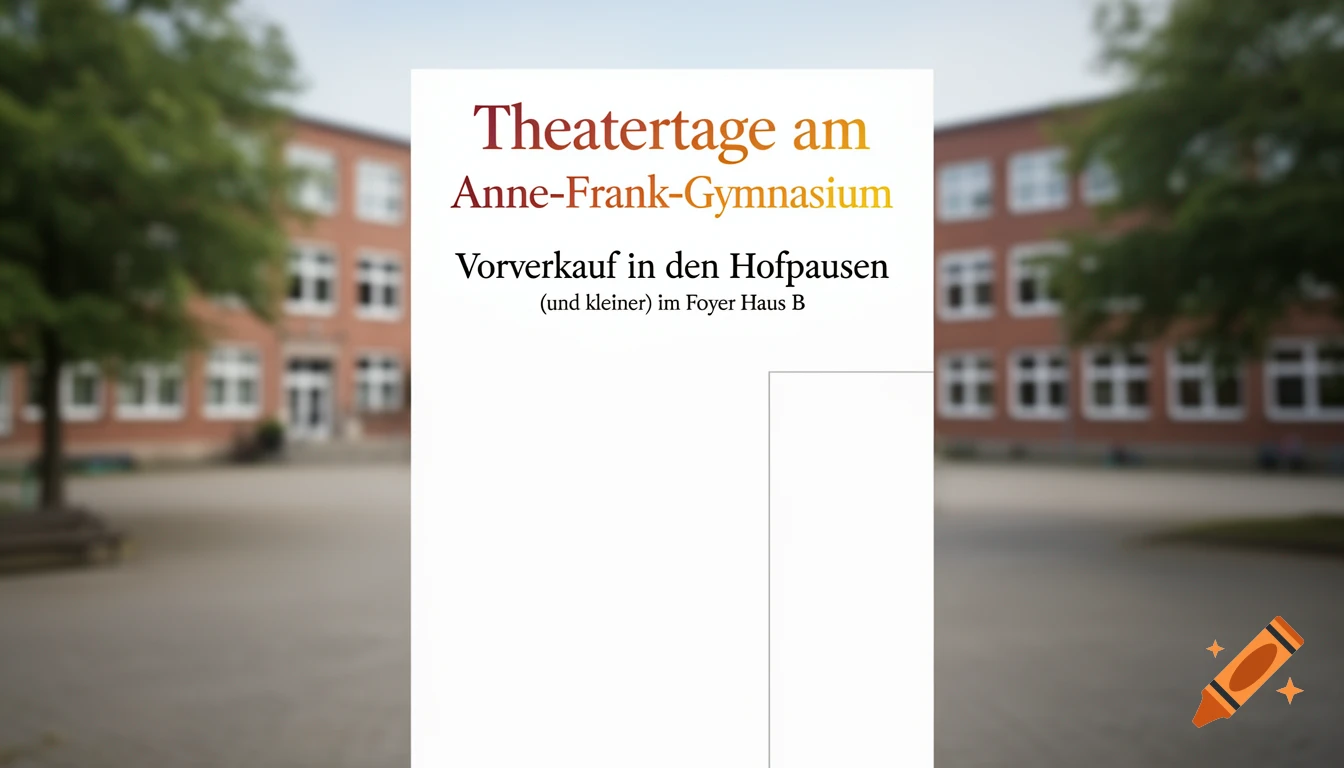 A white banner with German text "Theatertage am Anne-Frank-Gymnasium, Vorverkauf in den Hofpausen (und kleiner) im Foyer Haus B" partially covering a blurry red brick school building and trees.