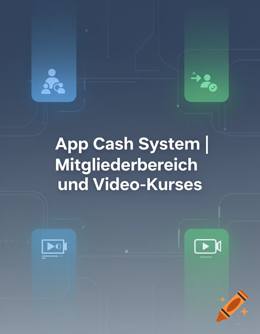 Digital graphic with text "App Cash System | Mitgliederbereich und Video-Kurse" and icons for users, registration, and video.