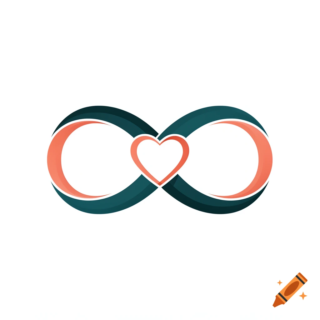 A graphic infinity symbol in dark teal and coral, with a coral heart nestled in its center, all on a white background.