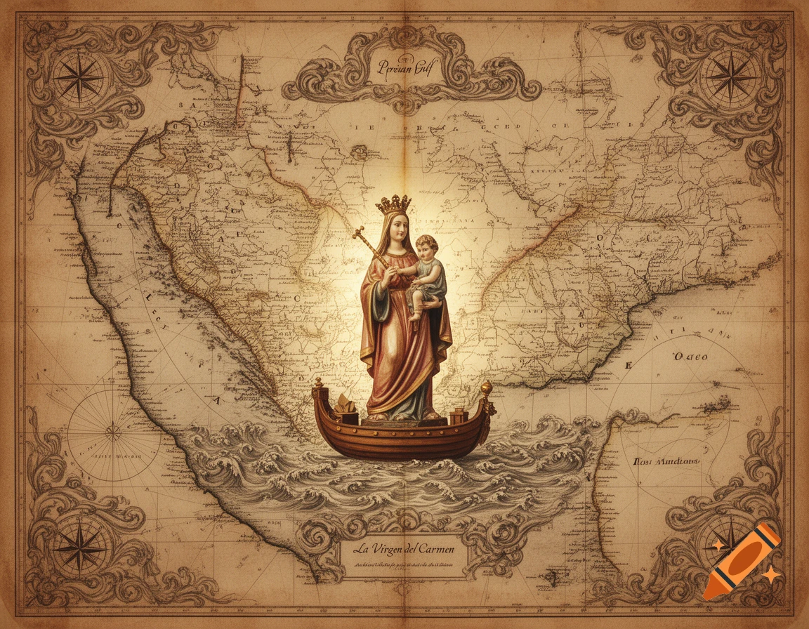 An old map of the Persian Gulf with a crowned statue of the Virgen del Carmen holding the Christ child in a boat on the water, surrounded by ornate borders.