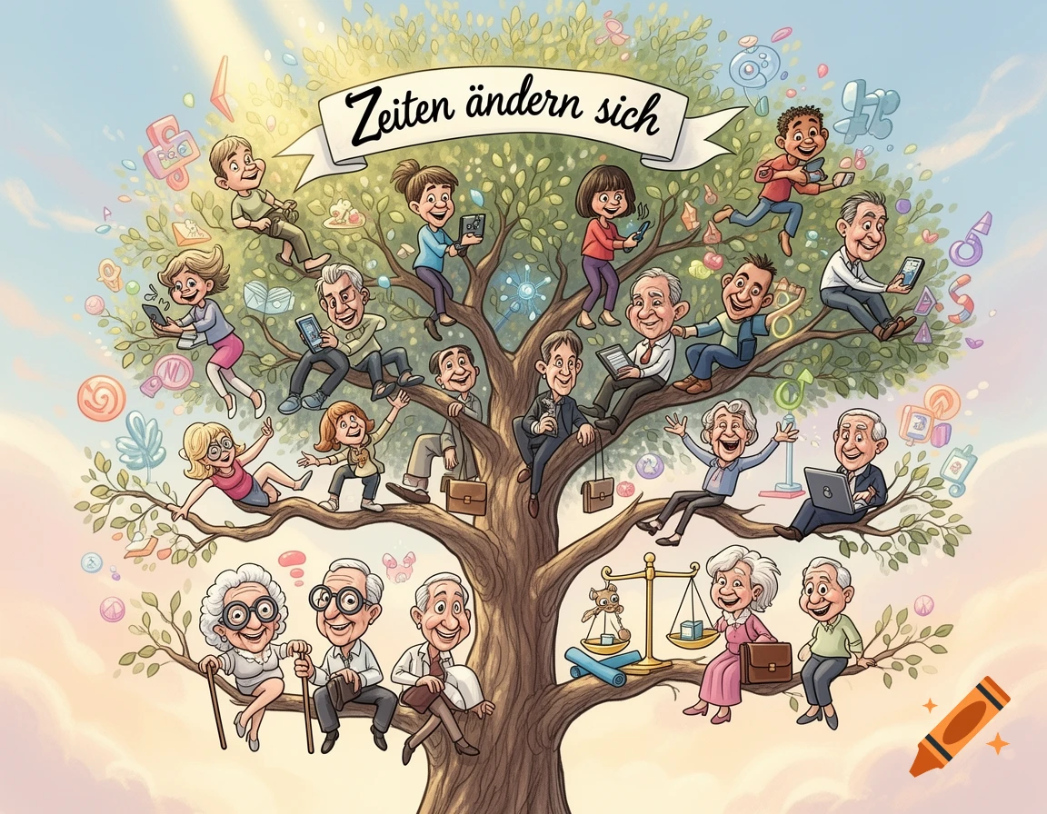 Cartoon of a 'Times Change' tree with people of all ages on branches, some using modern technology, illustrating demographic shifts.