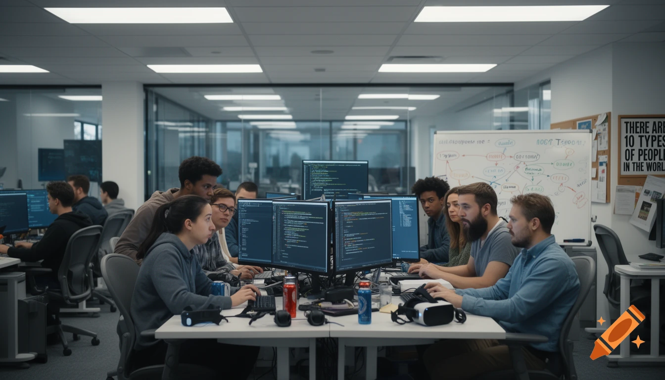 A diverse team of software developers collaboratively working on computers in a modern office, with code displayed on multiple monitors and a whiteboard in the background.