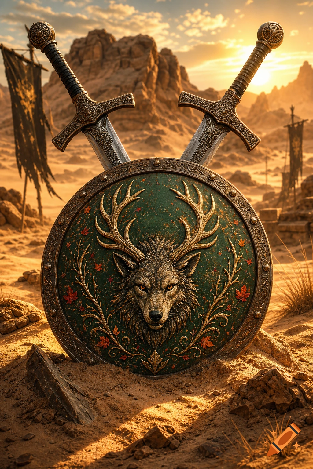 A detailed green shield with a wolf head and antlers emblem, flanked by two crossed swords in a desert landscape at sunset.