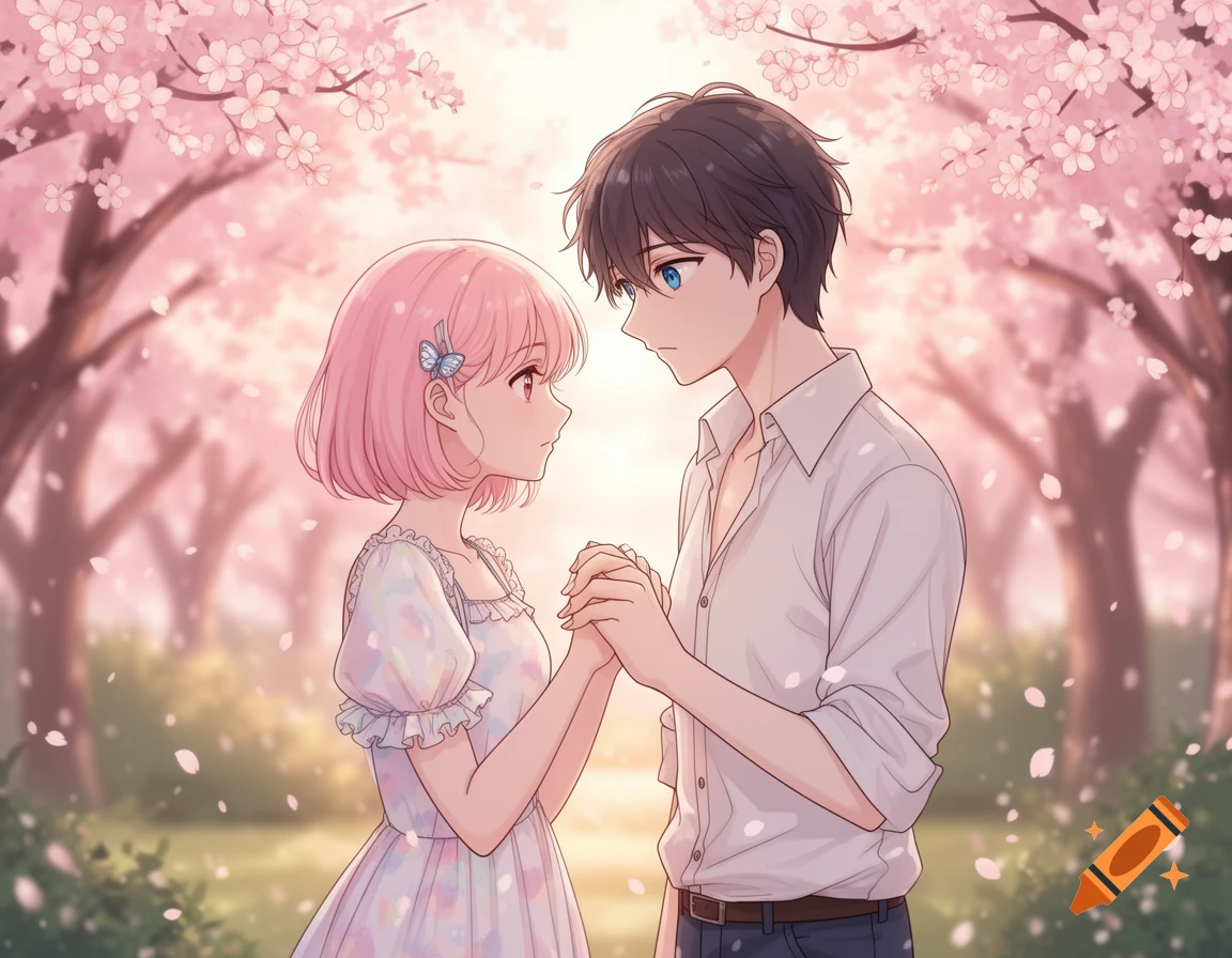 Anime couple holding hands under blooming pink cherry blossom trees, bathed in soft sunlight.