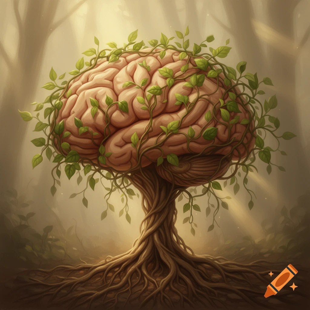 A detailed conceptual artwork depicting a human brain as a tree, with roots, branches, and green leaves, in a soft-lit forest.