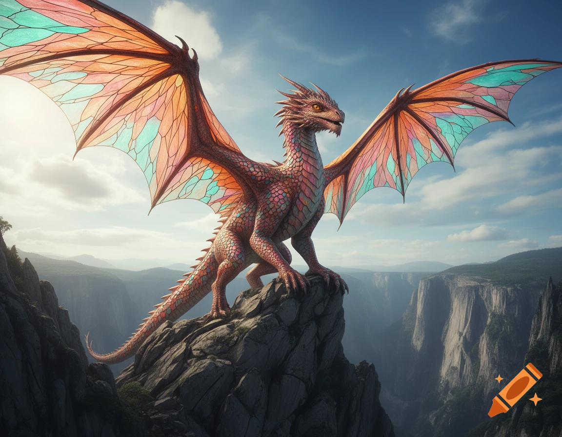 A colorful dragon with translucent, stained-glass-like wings perches on a rocky cliff overlooking a vast mountain range.
