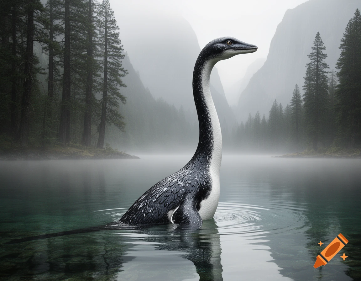 A photorealistic plesiosaurus-like creature with black and white penguin plumage emerges from a misty mountain lake surrounded by pine trees.