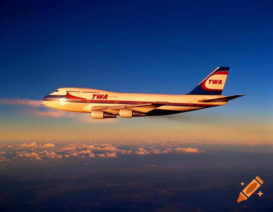 A photorealistic image of a TWA Flight 800 airplane flying high above clouds under a vivid blue and orange sky.