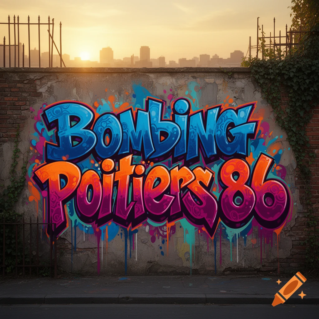 Colorful graffiti art spells out 'Bombing Poitiers 86' on a concrete wall, with a city skyline at sunset in the background.