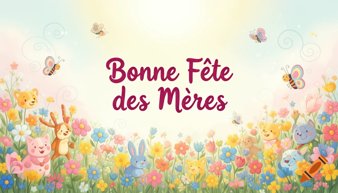 Childlike watercolor illustration for Mother's Day with text 'Bonne Fête des Mères', cheerful animals, colorful flowers, and butterflies.