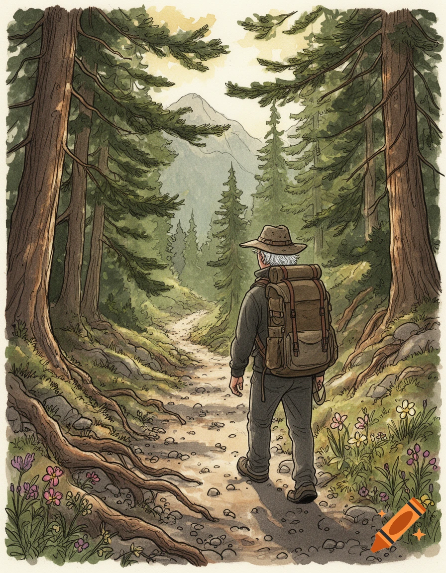 An illustration of a hiker with a backpack walking away on a path through a dense forest towards distant mountains.