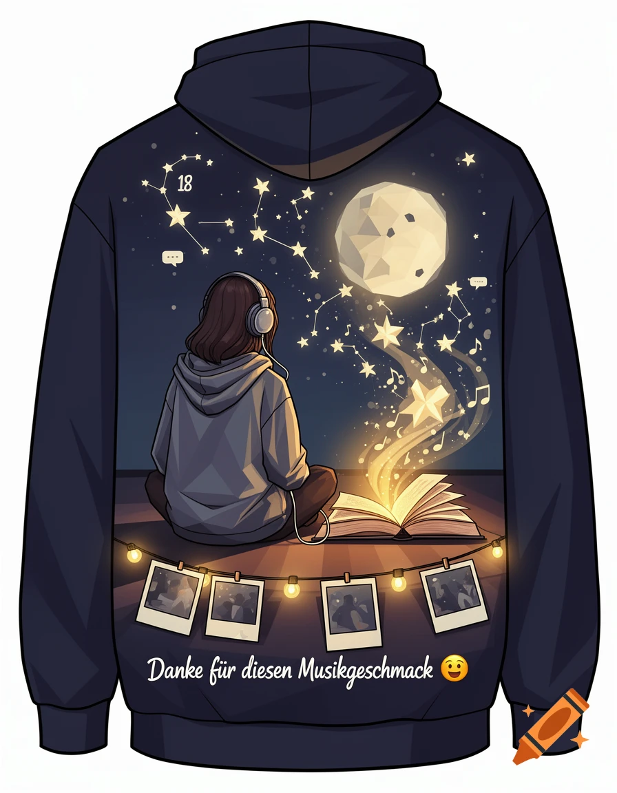 Back of a dark hoodie with an anime illustration of a person in headphones reading a glowing book under a starry night sky and geometric moon.