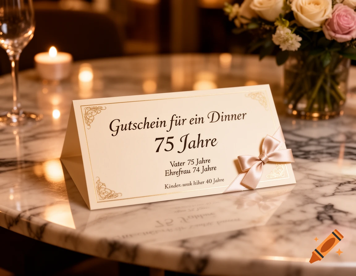 A close-up of a dinner voucher with a pink bow, a wine glass, candle, and flowers on a marble table.
