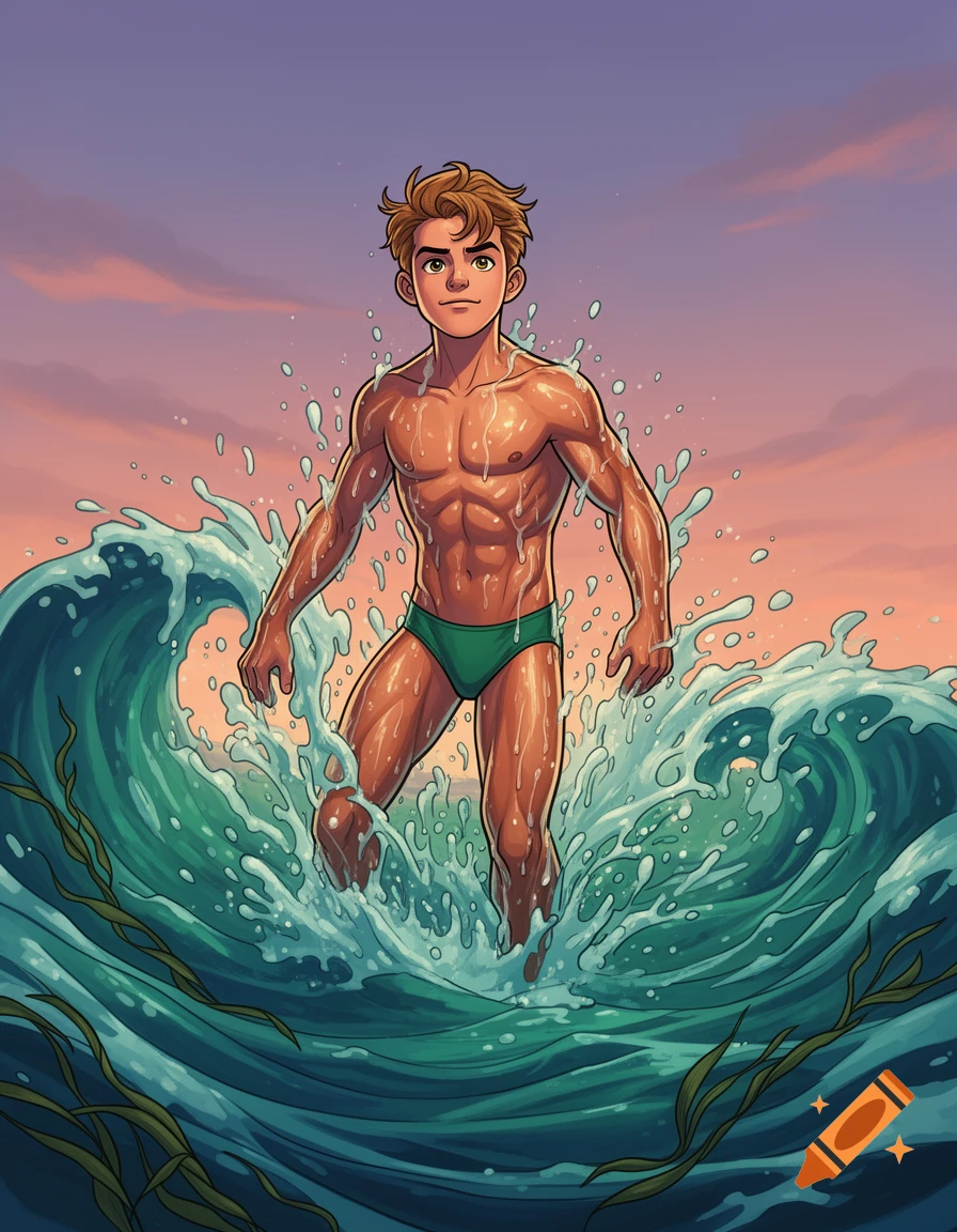 A cartoon man with reddish-brown hair and a green speedo rises out of a large ocean wave against a colorful sunset sky.