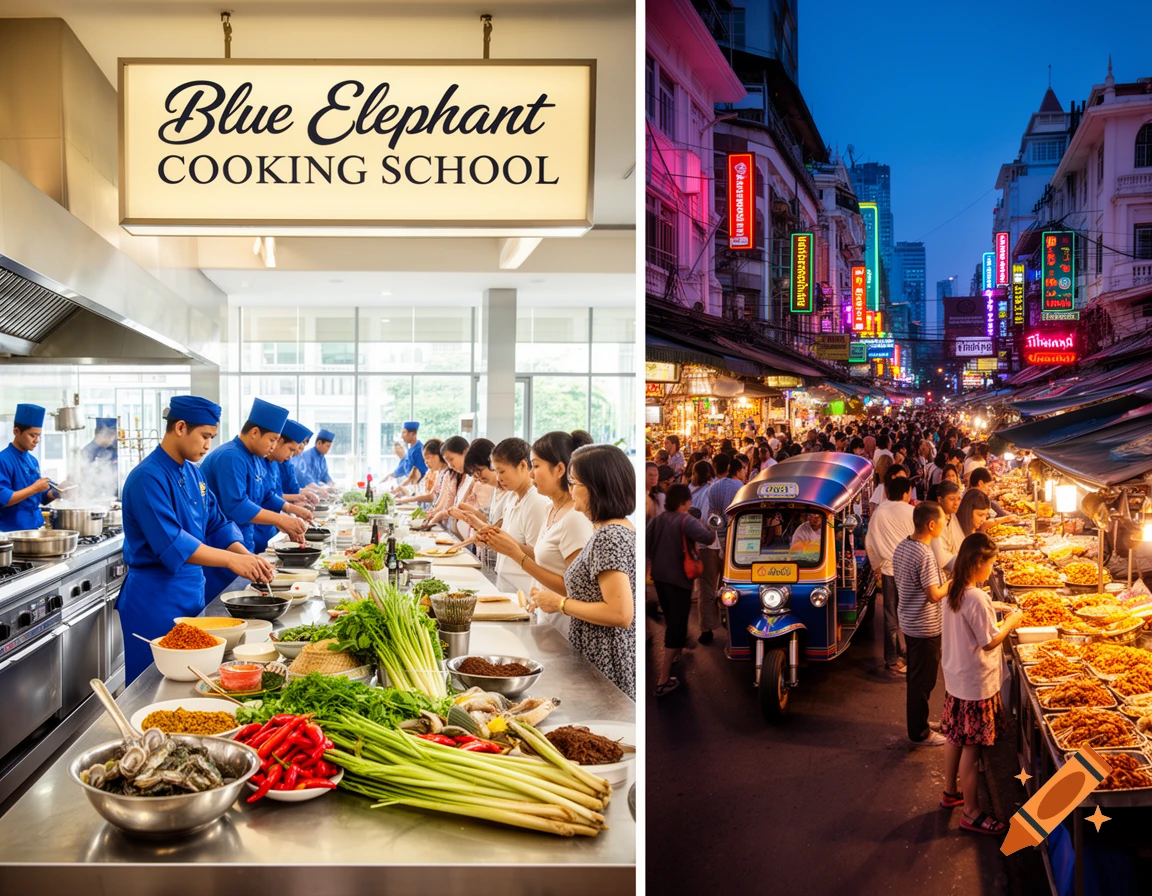 A split image showing a cooking school on the left and a bustling Bangkok night street food market on the right.