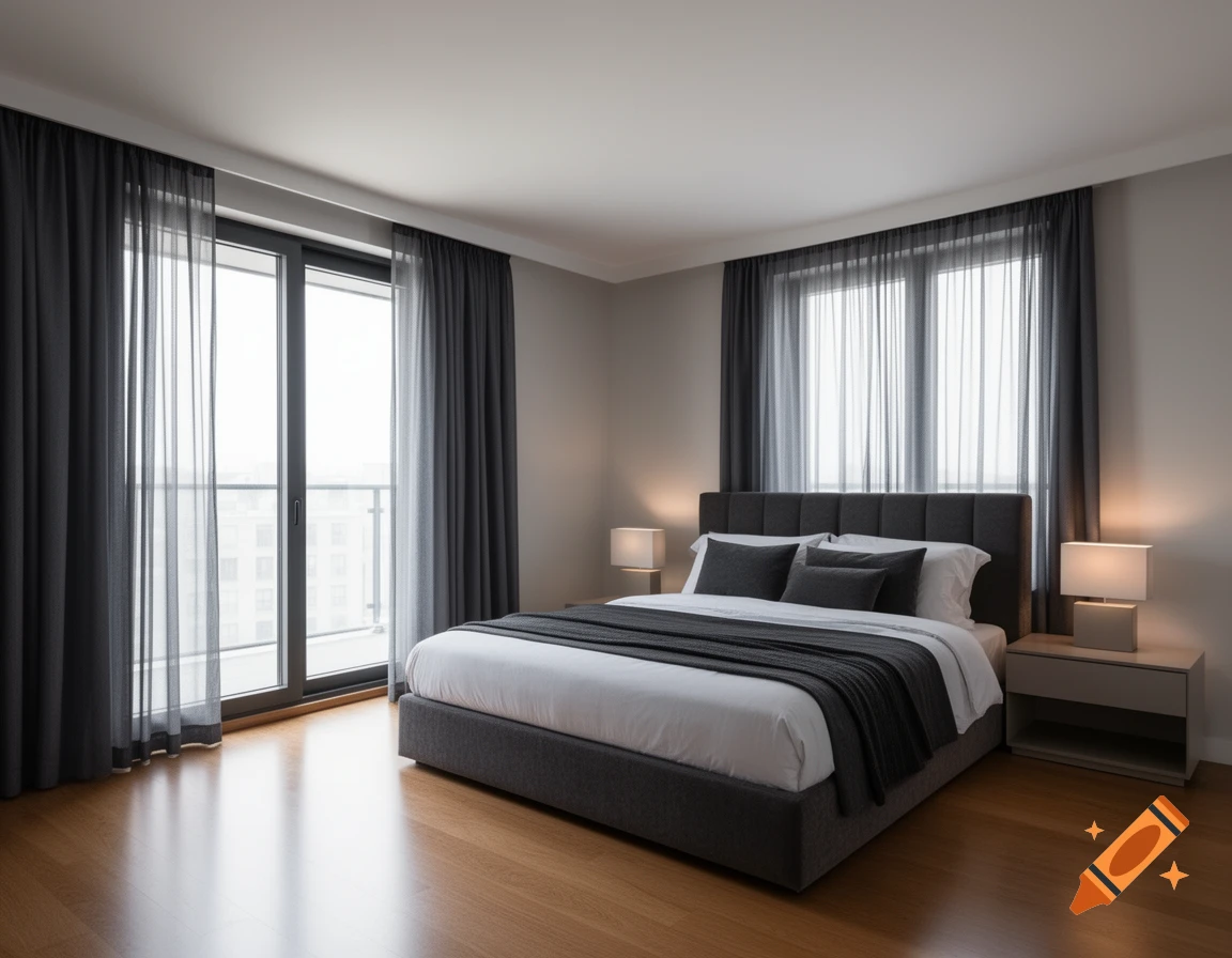 Modern bedroom with a bed, dark gray curtains on large glass doors to a balcony, and two bedside lamps.