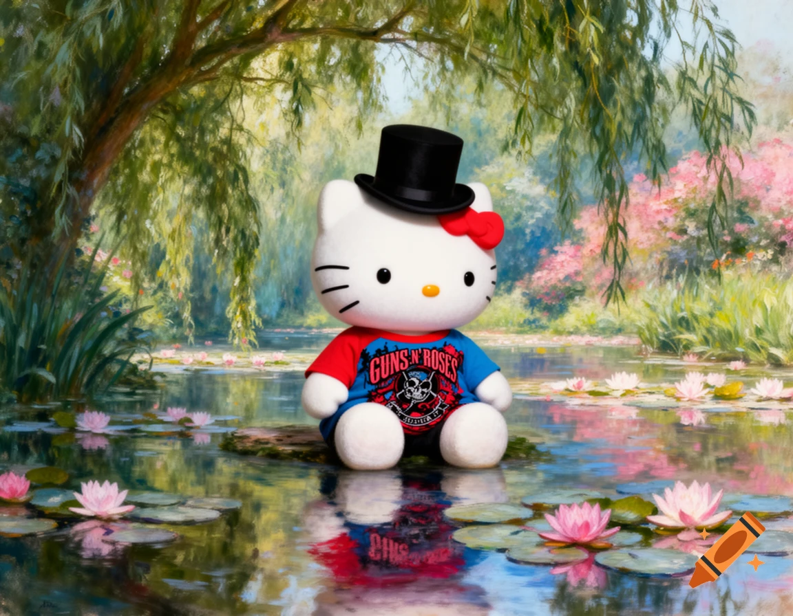 Hello Kitty doll wearing a Guns N' Roses t-shirt and black top hat, sitting in a Monet-style water lily garden.
