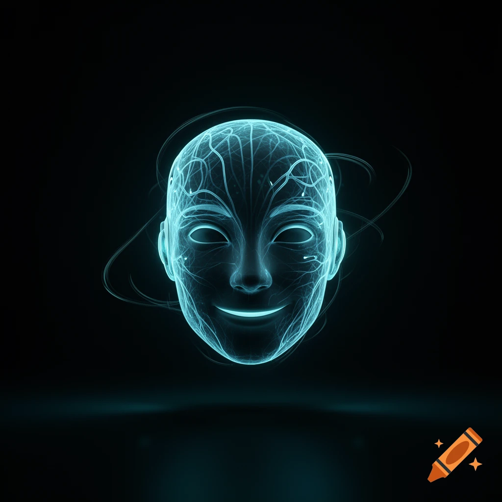 A glowing blue neural network pattern forms a friendly, futuristic face on a dark background in a digital art style.