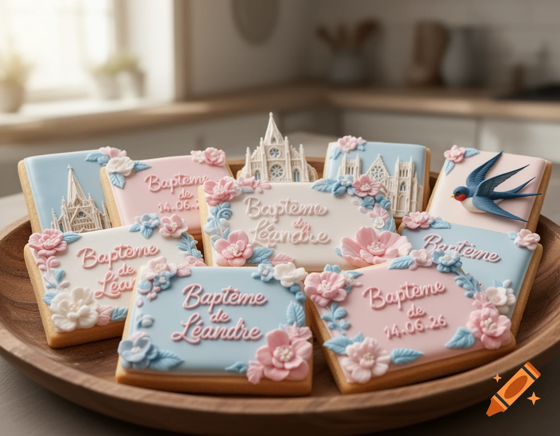 Close-up of elegantly decorated rectangular cookies for a baptism, featuring pastel pink and blue icing, floral designs, church spires, a swallow, and French text.