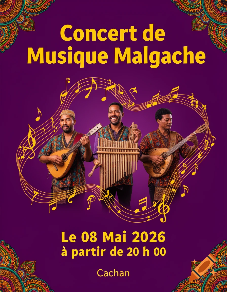 A vibrant purple concert flyer for Malagasy Music, featuring three male musicians playing traditional instruments with musical notes and decorative patterns.