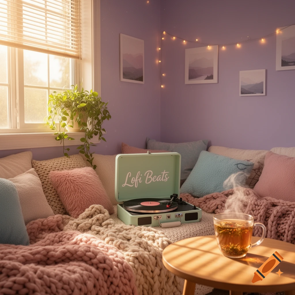 A cozy room bathed in warm sunlight, featuring a record player playing "Lofi Beats", soft pastel pillows and blankets, and a steaming cup of tea.