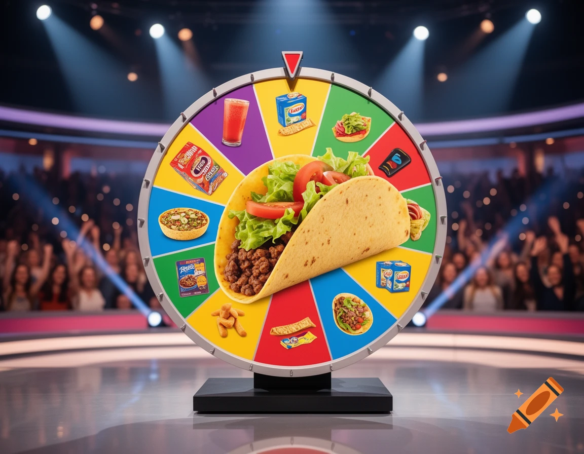 A game show prize wheel centered on a large taco, surrounded by various food product images, with a blurred audience in the background.