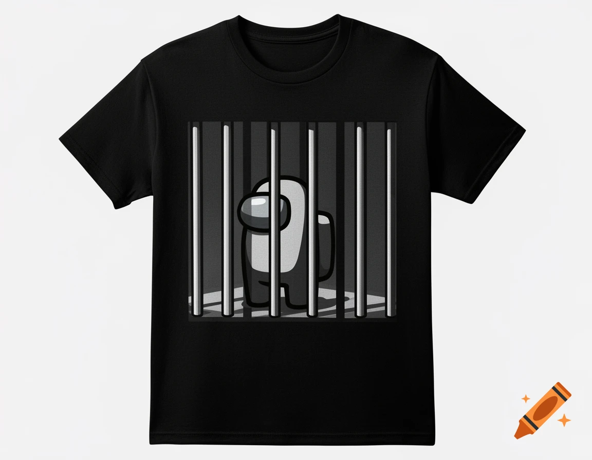 A black t-shirt featuring a gray Among Us character standing behind prison bars.