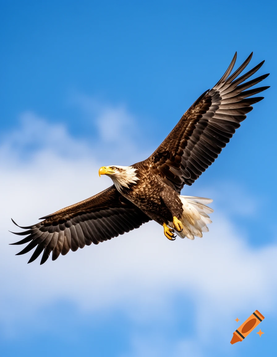 A majestic bald eagle soars with outstretched wings against a bright blue sky.