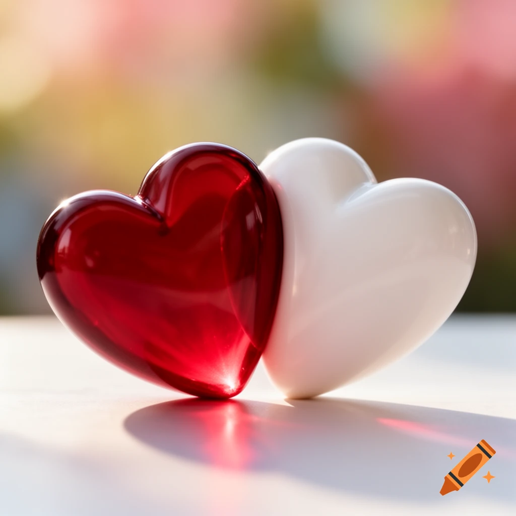A shiny red glass heart and a matte white heart touching on a sunny surface with a blurred background.