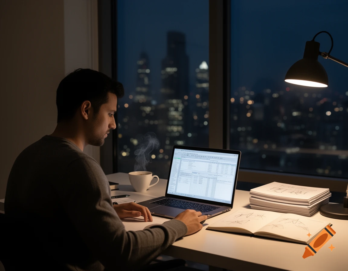 A man works late on a laptop at a modern desk with a coffee cup and notebooks, city lights visible outside a window at night.
