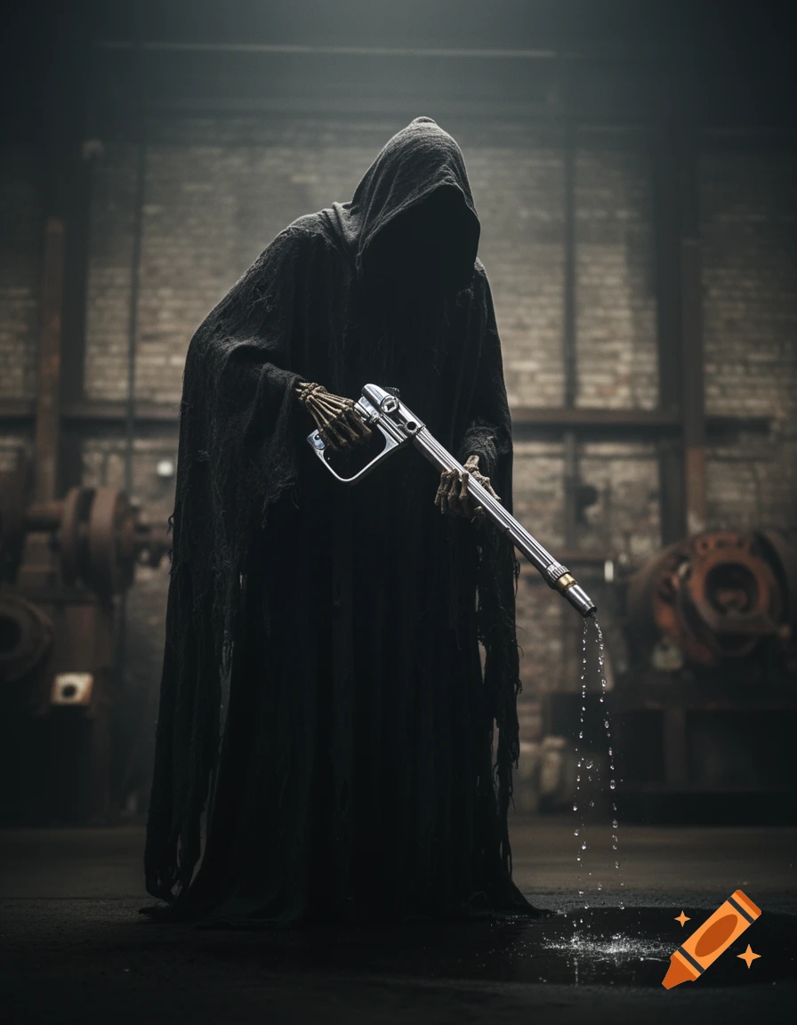 A hooded Grim Reaper with skeletal hands stands in a dark industrial setting, holding a gas pump nozzle dripping liquid.