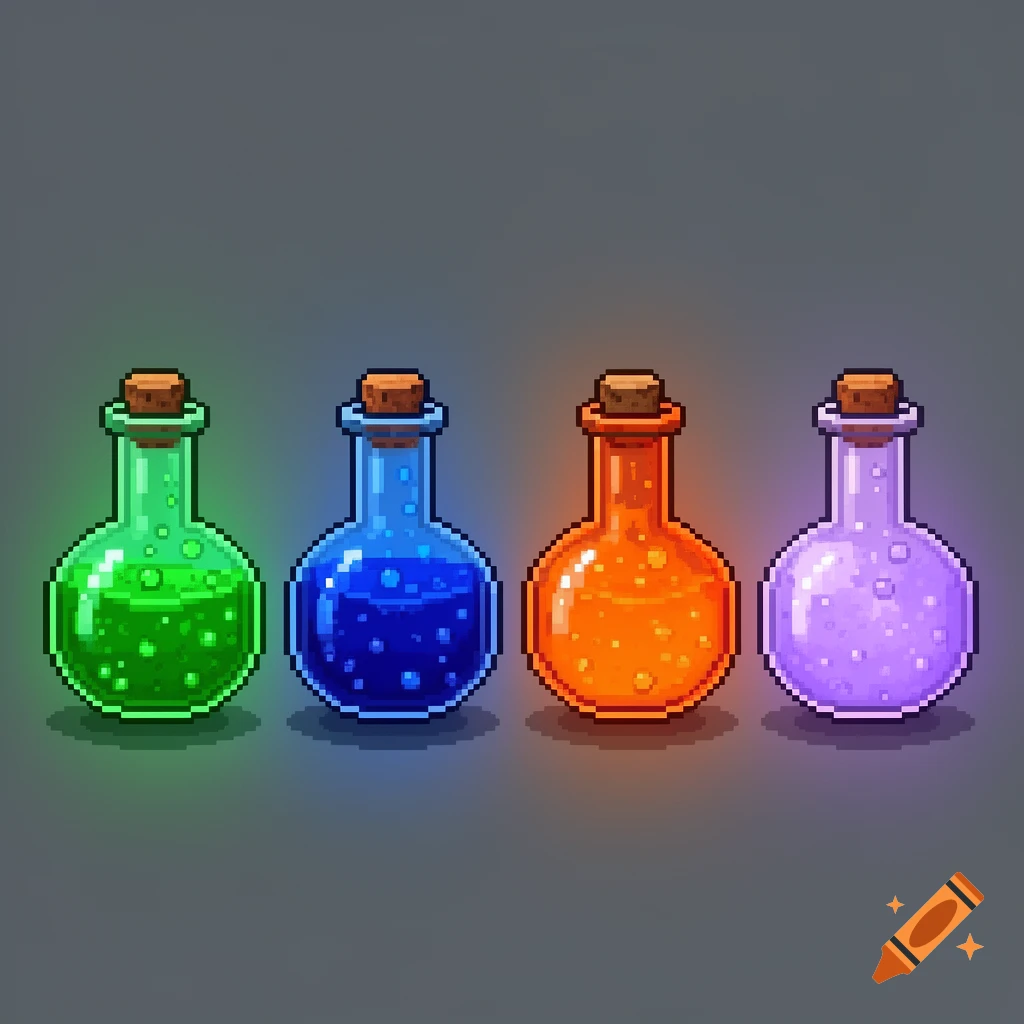 Four colorful pixel art flasks, green, blue, orange, and purple, lined up on a dark background.