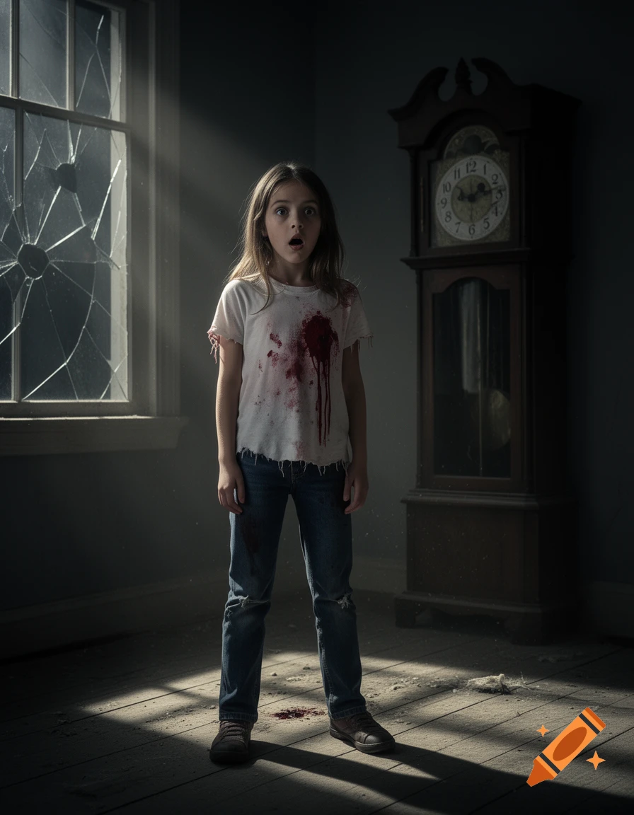 A photorealistic image of a shocked young girl covered in blood, standing in a dark room with a broken window and a grandfather clock.