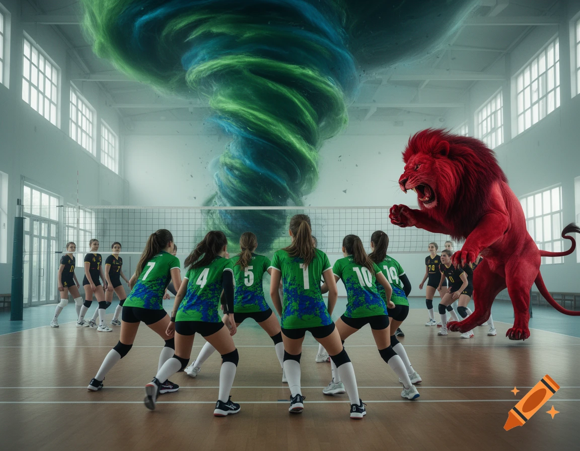 Volleyball players face a giant red lion and a green and blue tornado in a gym, an epic fantasy sports scene.