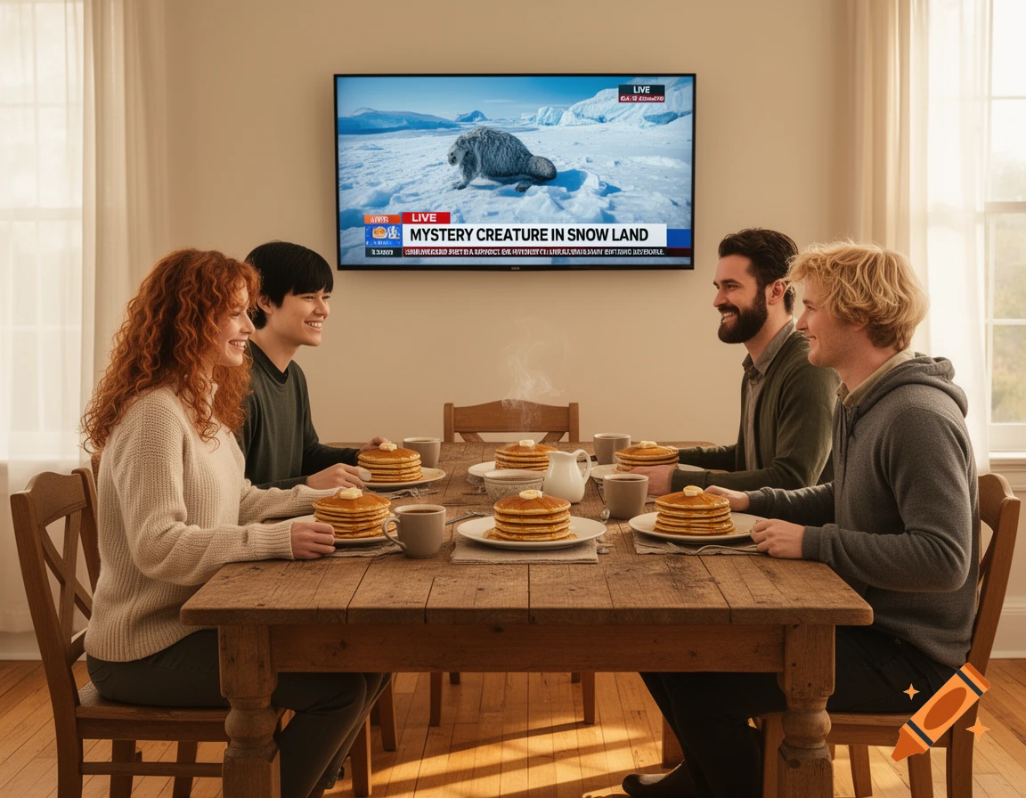 Four people eat pancakes and watch a news report about a "mystery creature in snow land" on a wall-mounted TV.