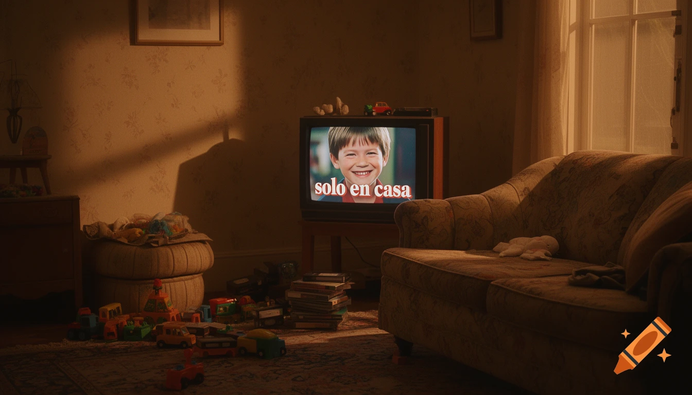Dimly lit living room with a retro TV displaying a smiling child and 'solo en casa', surrounded by toys and a patterned couch.