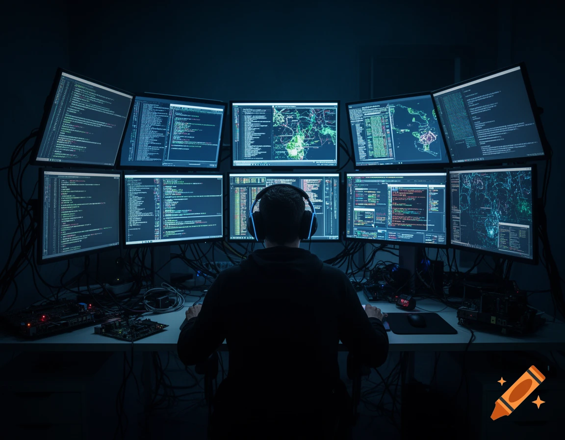 Person from behind wearing headphones at a desk with many glowing computer monitors displaying code and maps in a dark room.