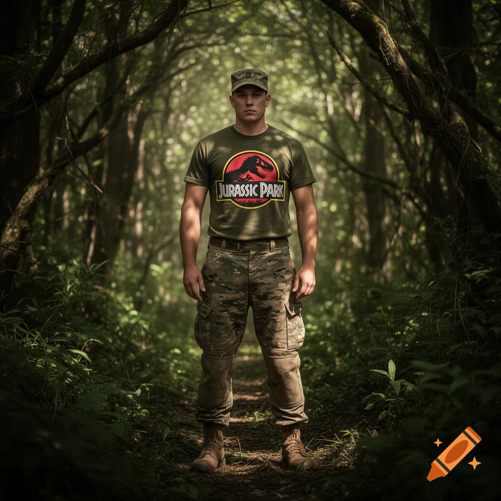 A man in a military cap and camouflage pants stands on a dirt path in a lush forest, wearing a green Jurassic Park T-shirt. Photorealistic.