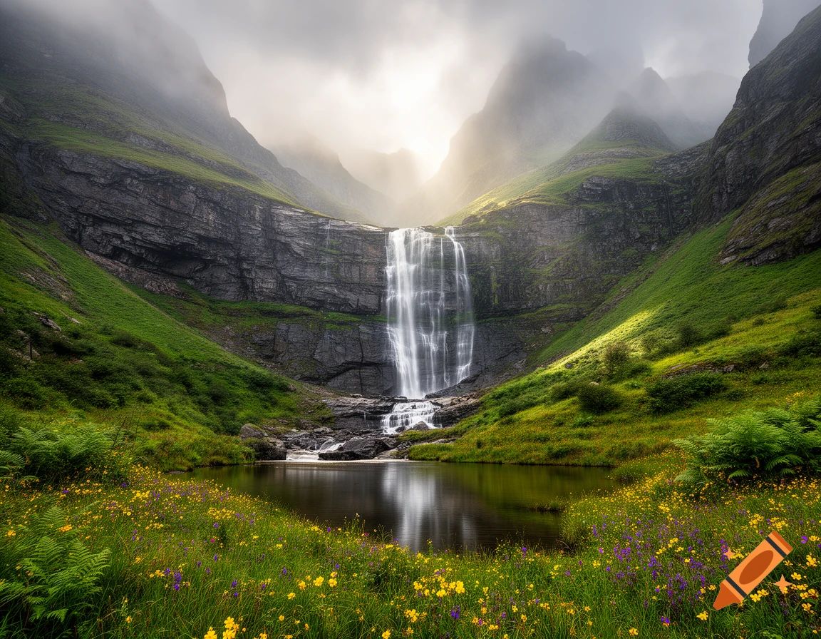 A majestic waterfall cascades down a rocky mountain into a still lake, surrounded by vibrant green hills dotted with yellow and purple wildflowers under a dramatic, cloudy sky.
