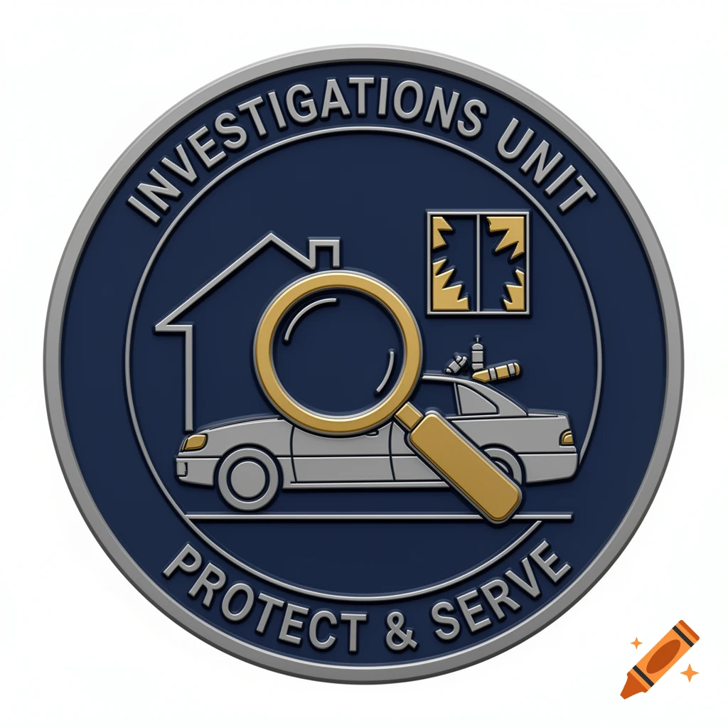 A police investigations unit challenge coin with a house, a car, a magnifying glass, and text 'INVESTIGATIONS UNIT' and 'PROTECT & SERVE'.