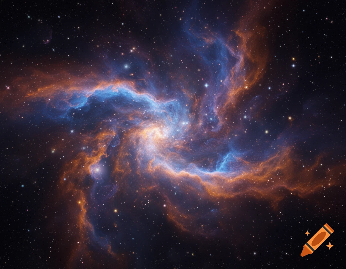A vibrant blue and orange nebula swirls across a star-filled dark space.